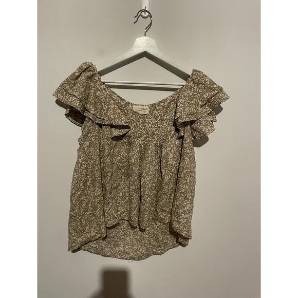 Universal Thread Women's Ruffle Short Sleeve Blouse Tan and White Floral Size L - Picture 3 of 6